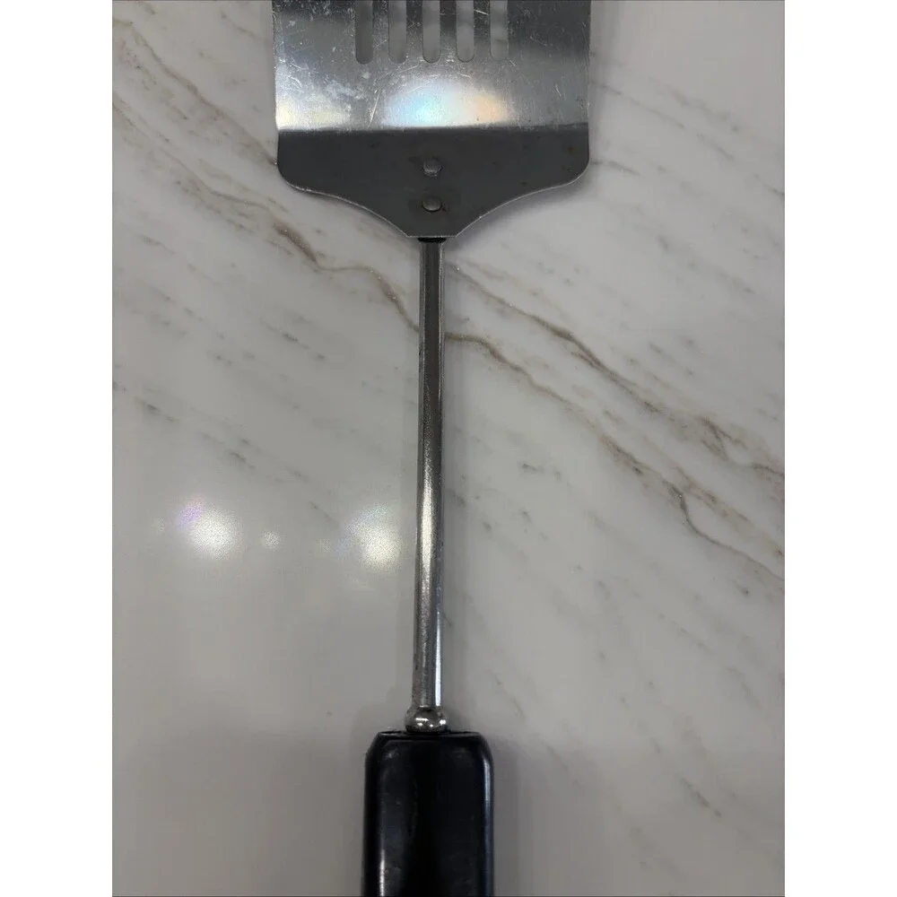 Vintage Stainless Steel Slotted Spatula Turner with Black Handle Flipper